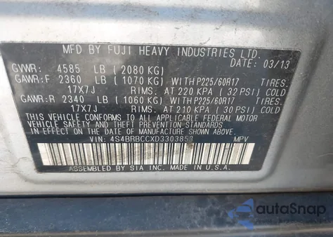 2013 Subaru Outback 2.5I Premium z USA, uszkodzony, nr VIN 4S4BRBCCXD3303853